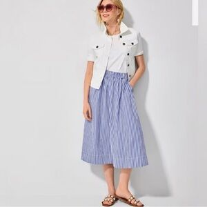 Talbots Poplin Midi A Line Blue Stripe Skirt 100% Cotton Pockets $74 Large